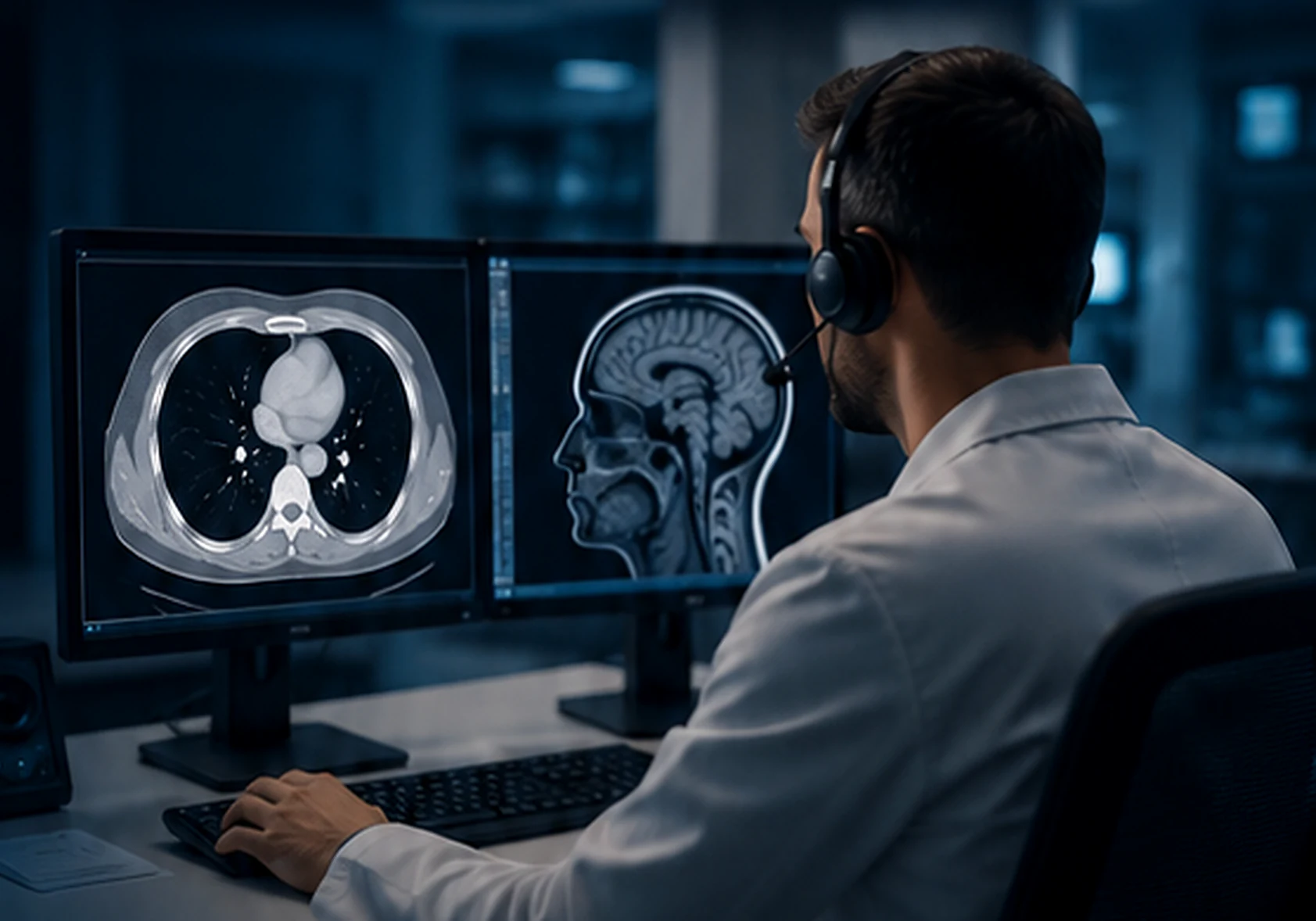 Medic care dictează un raport medical în timpul examinării