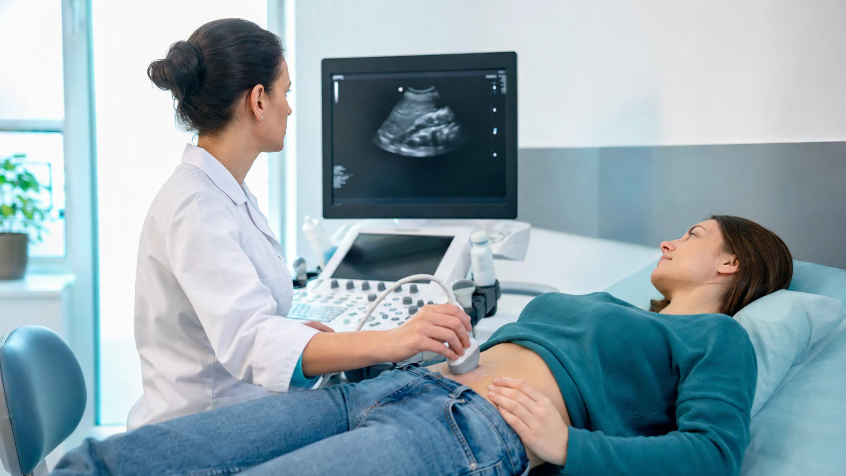 Medic care examinează ecografic un pacient într-un cabinet medical.